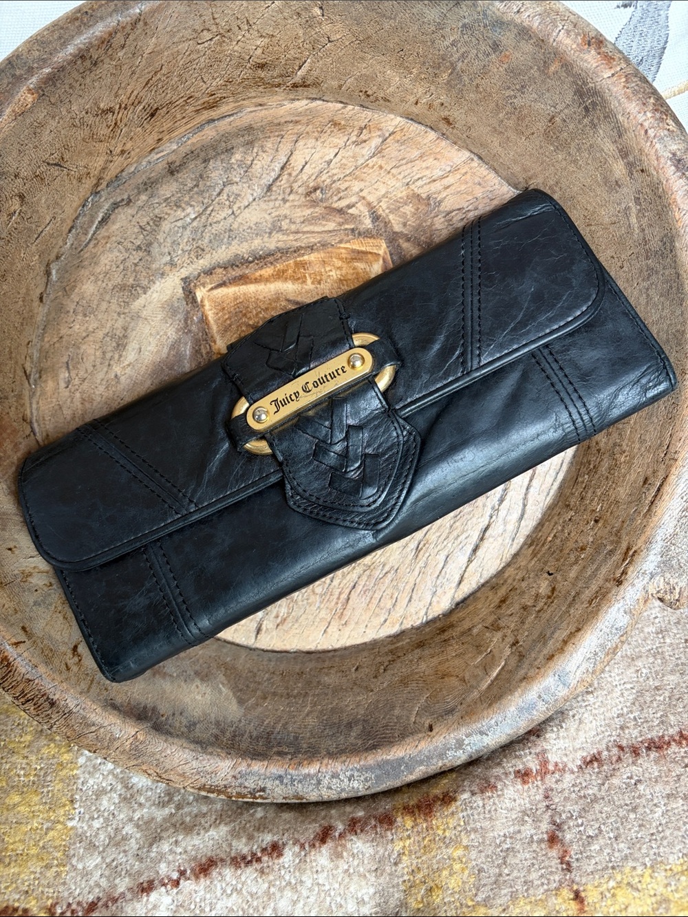 Vintage Y2K Juicy Couture Black Leather Tri-Fold Wallet Gold Hardware